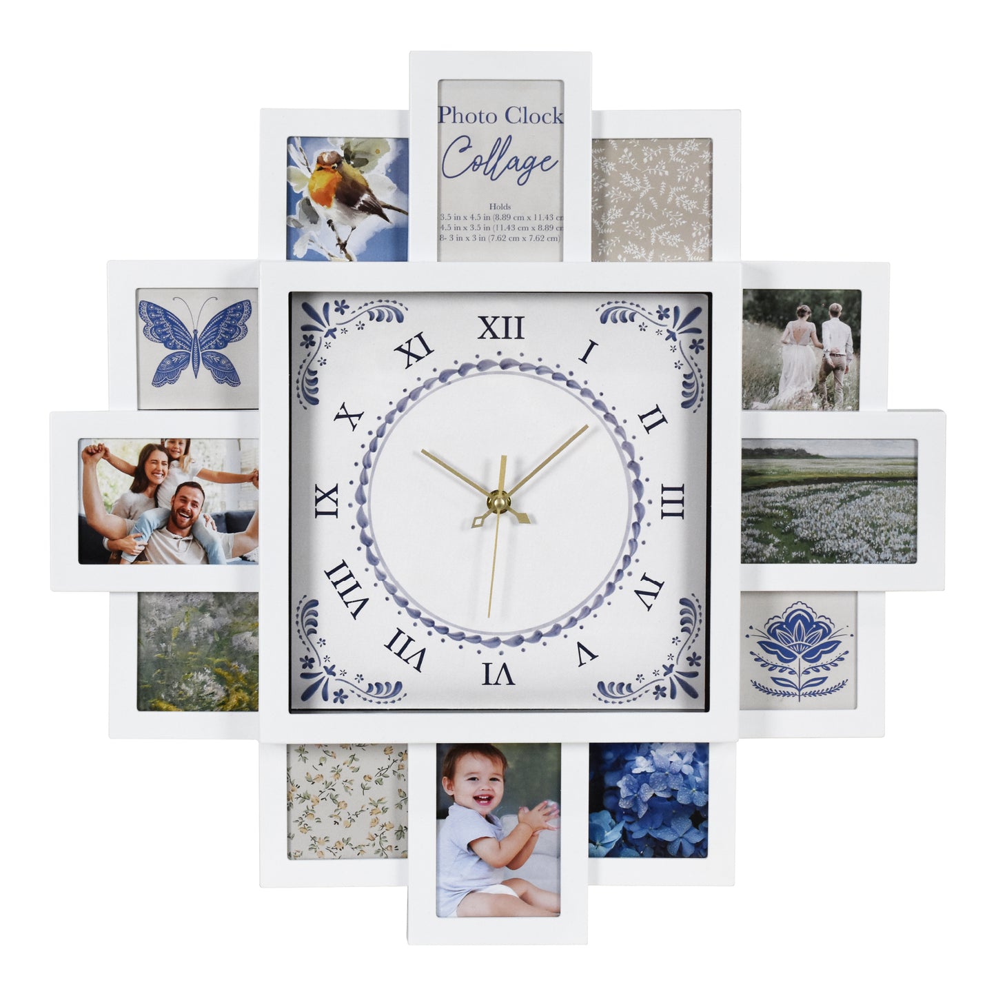 Photo Collage White & Blue Black Wall Clock 20"