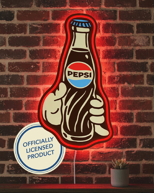 Vintage Pepsi bottle LED wall plaque with retro soda logo and glowing red neon-style outline, perfect for man cave, bar, garage, or game room decor display.
