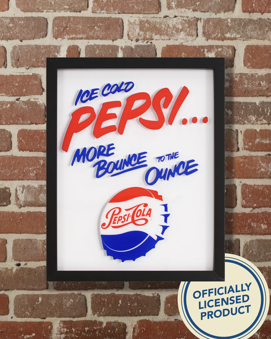 Framed Pepsi bottle cap glass wall art with vintage Ice Cold Pepsi slogan and shadow box design, perfect for man cave, bar, garage, or game room retro decor display.