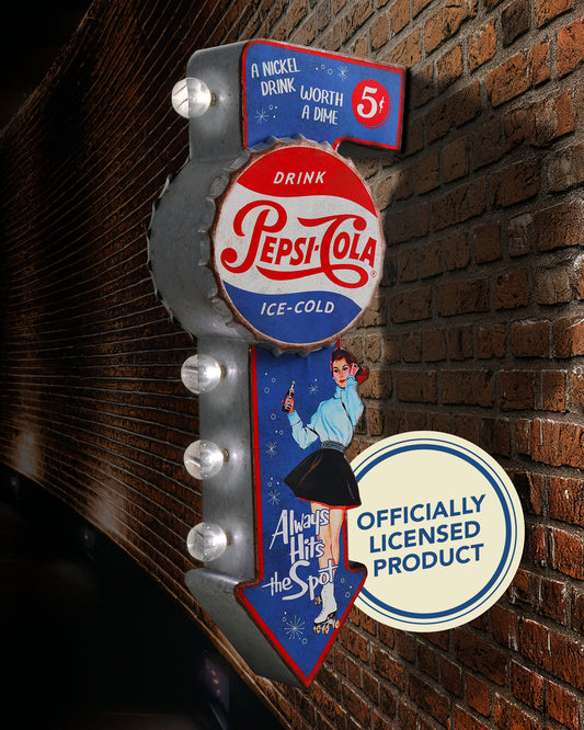 Vintage Pepsi arrow LED wall plaque with pin-up artwork and double-sided marquee bulbs, perfect for man cave, bar, garage, or game room retro decor display.