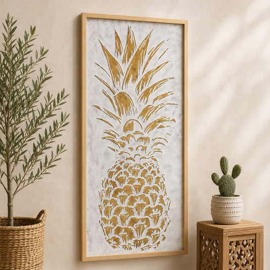 White and gold embossed pineapple wall art with 3D metal detailing in an antique white frame, styled as tropical coastal boho decor for living room, bathroom, bedroom, or beach house.