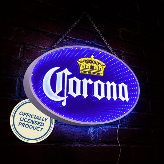 Blue Corona Infinity Mirror LED Neon Beer Bar Sign with glowing 3D tunnel lighting effect mounted as wall decor for a modern man cave, garage bar, basement lounge, or game room.