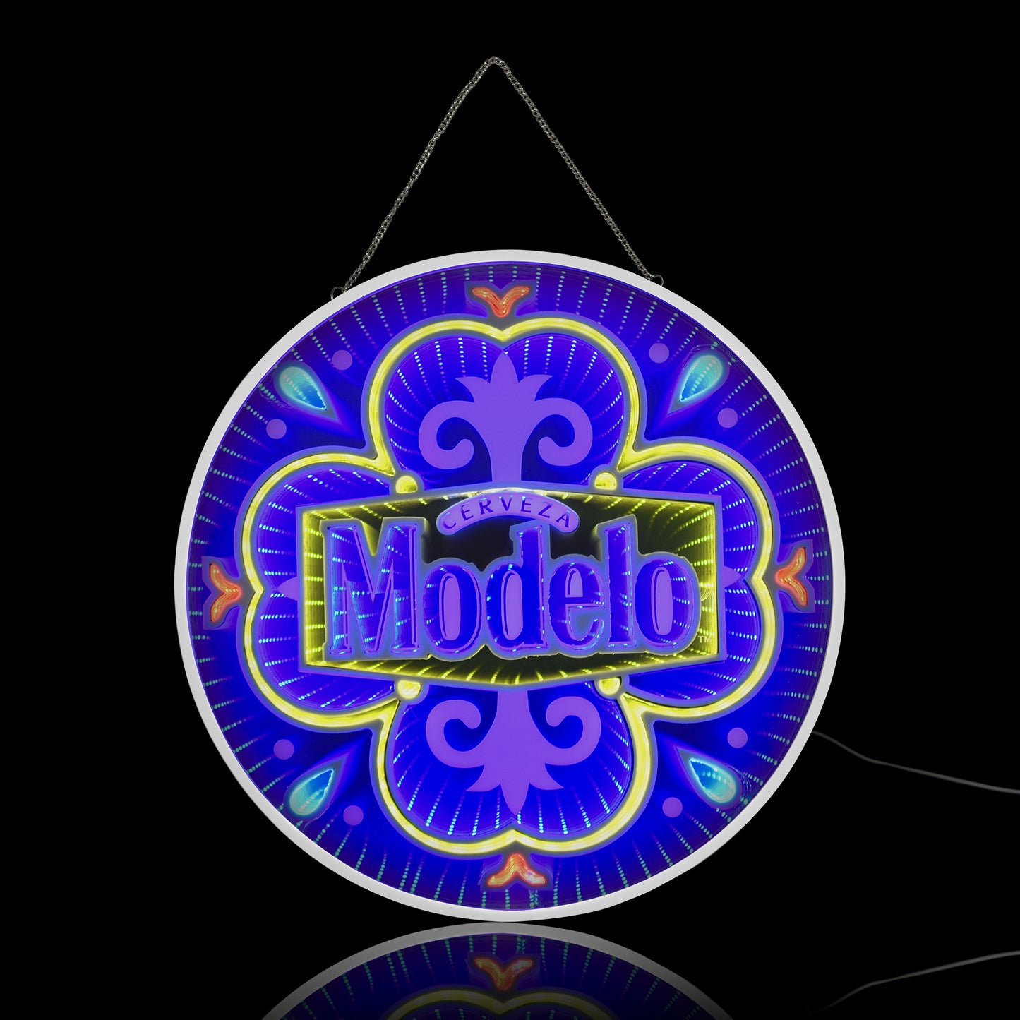 Round Modelo Infinity Mirror LED Neon Beer Sign with glowing blue 3D tunnel effect displayed as wall decor for a man cave, garage bar, basement lounge, pub, or game room.