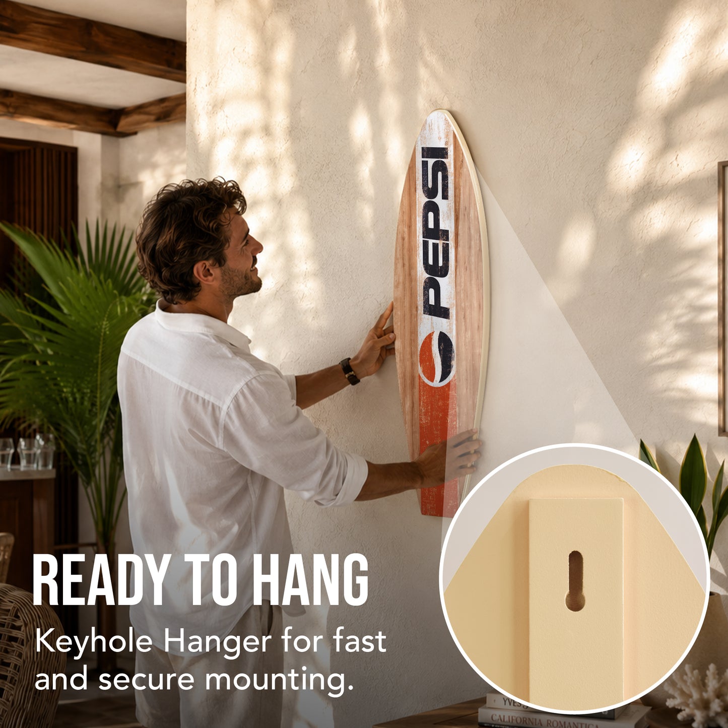 Officially licensed Pepsi surfboard wall plaque featuring vintage distressed graphics on natural wood-look MDF with a coastal beach house style, perfect for bars, man caves, patios, lake houses, and tropical home décor.