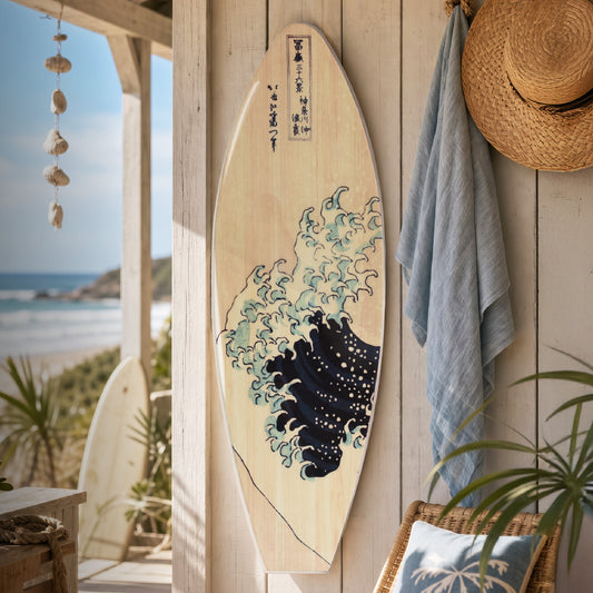 Great Wave surfboard wall plaque featuring Hokusai-inspired ocean artwork printed on a natural wood-look MDF surfboard, perfect for coastal beach house, nautical, tropical, Japanese, and lake house décor.