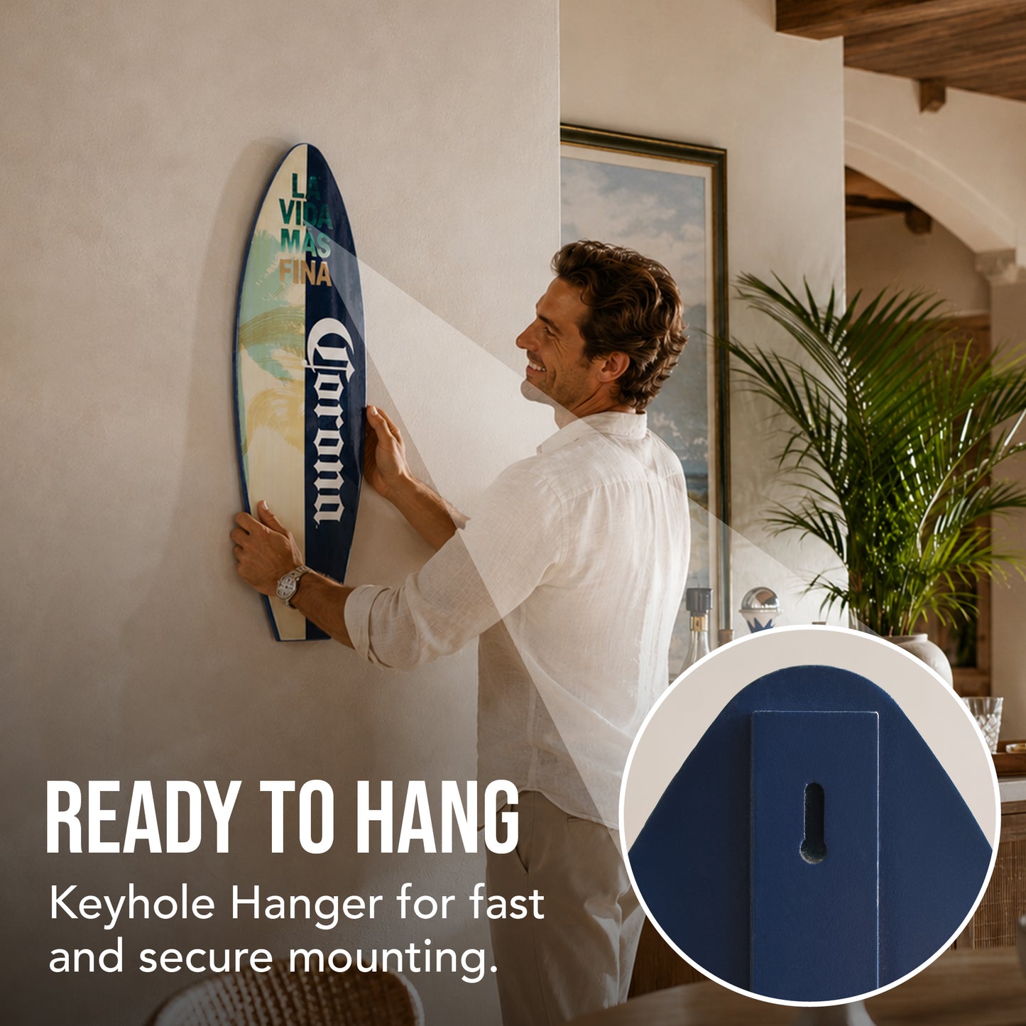 Officially licensed Corona surfboard wall plaque featuring La Vida Más Fina artwork with palm trees and tropical beach colors on a wood-look MDF surfboard for coastal homes, patios, and home bars.