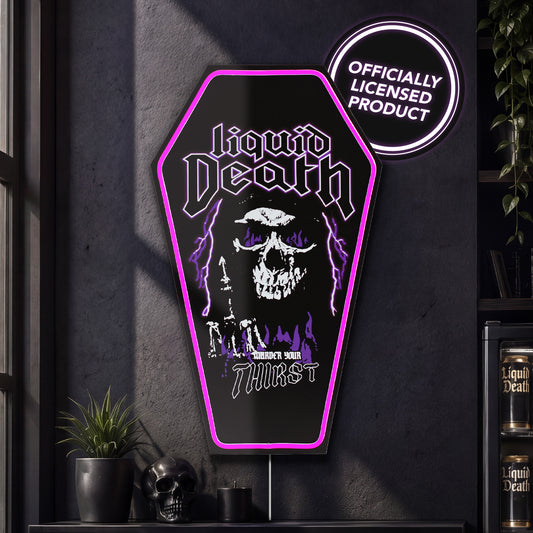 Officially licensed Liquid Death Murder Your Thirst skull coffin shaped LED wall plaque with purple neon border, gothic MDF wall decor for man cave, game room or bar.