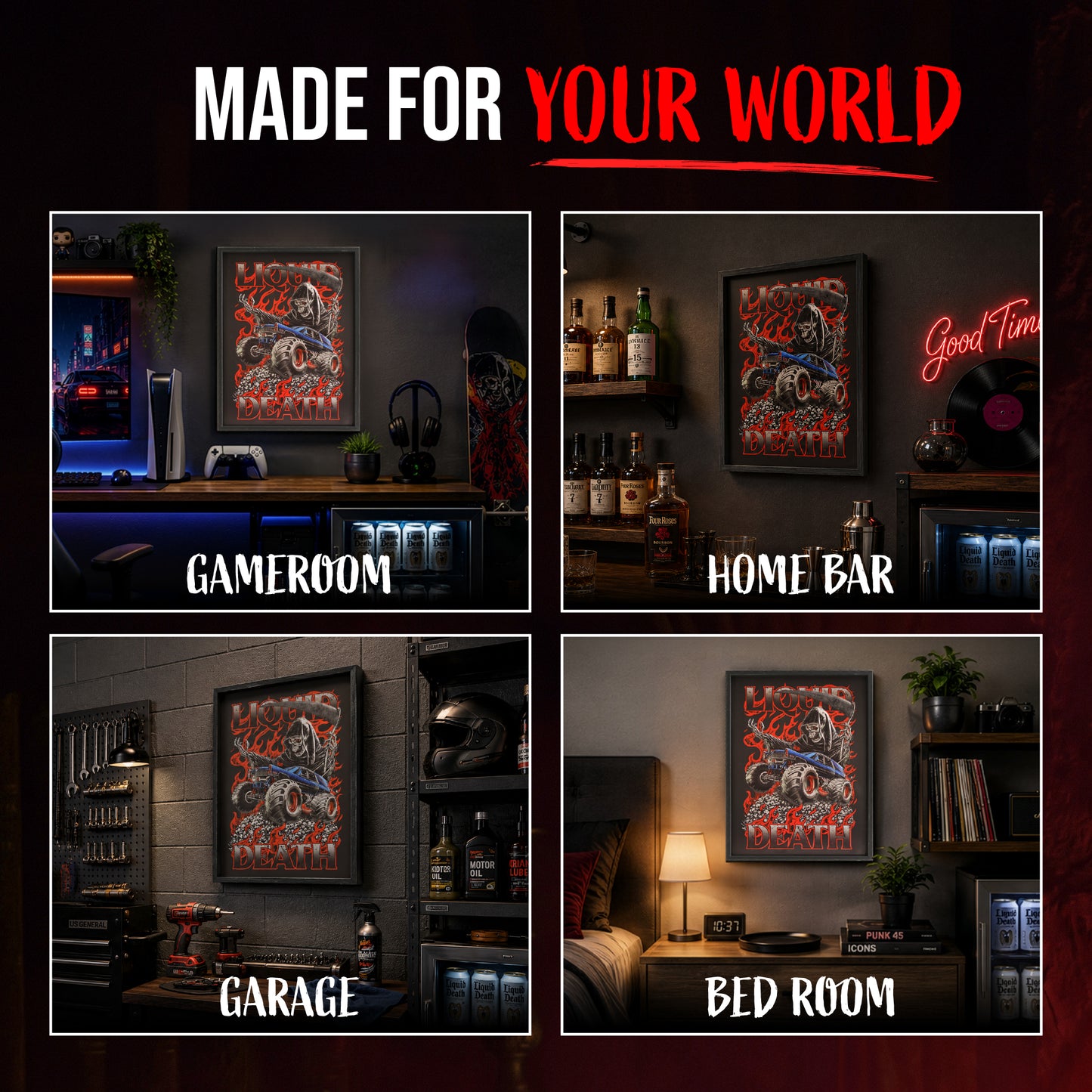 Officially licensed Liquid Death Monster Death Reaper framed embossed 3D wall art featuring a Grim Reaper above a lifted monster truck with flames and skulls in a black framed vertical design.