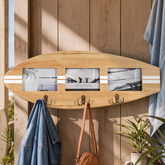 Wood grain surfboard photo collage frame with white stripes, three 6 x 4 photo openings and three antique brass double hooks for coastal entryway wall decor.