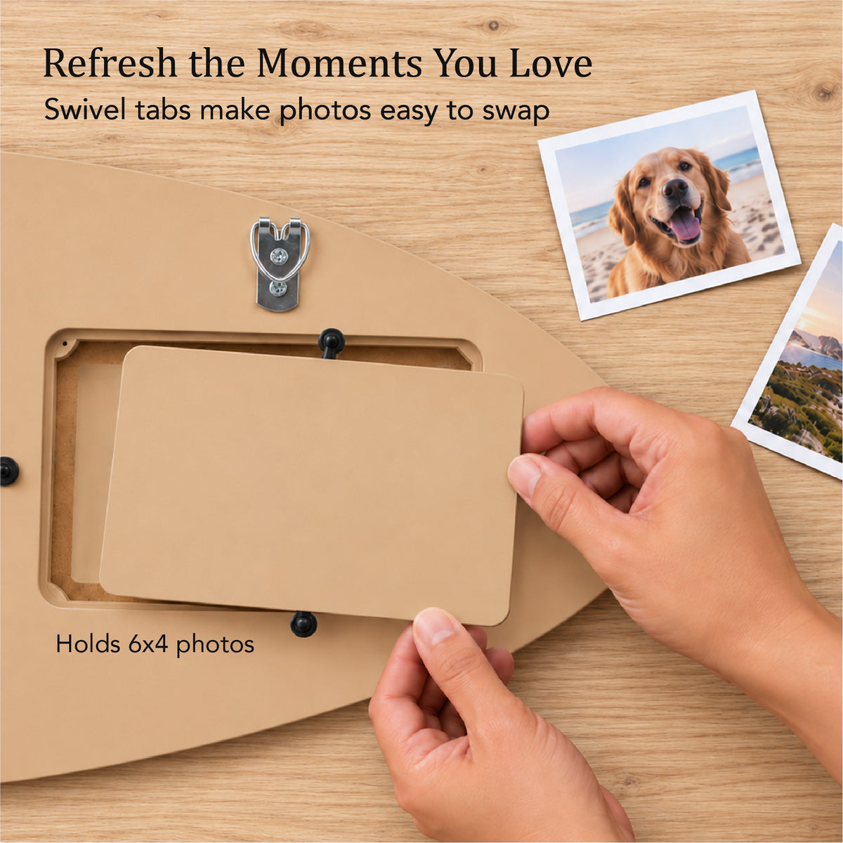 Wood grain surfboard photo collage frame with white stripes, three 6 x 4 photo openings and three antique brass double hooks for coastal entryway wall decor.
