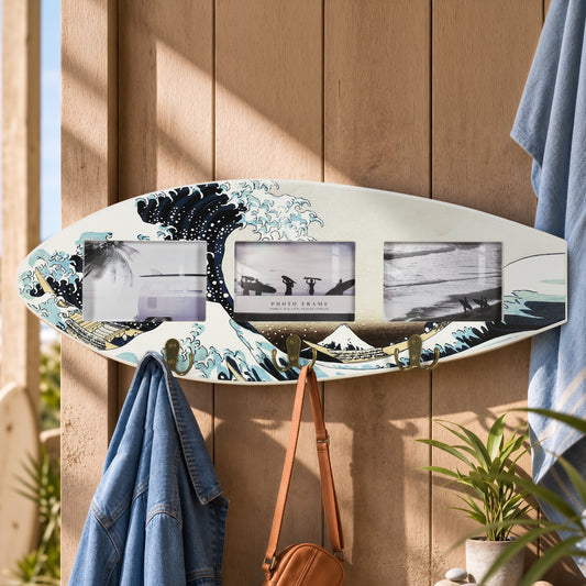 Great Wave surfboard photo collage frame with three 6 x 4 photo openings and three antique brass double hooks for coastal entryway, bedroom or dorm wall decor.