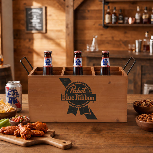 Officially licensed Pabst Blue Ribbon rustic wooden six bottle storage crate with black metal handles and divided compartments displayed as a vintage beer caddy for home bars and man caves.