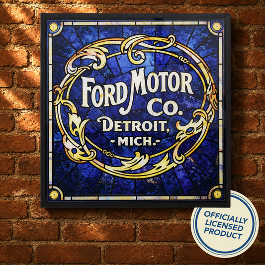 Vintage Ford Motor Co. Framed Stained Glass Style Wall Sign, Glass Panel Decor