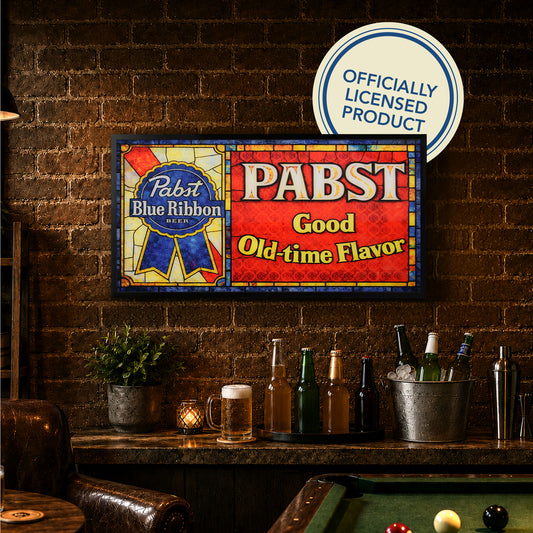 Vintage Pabst PBR Blue Ribbon Framed Stained Glass Style Wall Sign, Glass Panel Decor