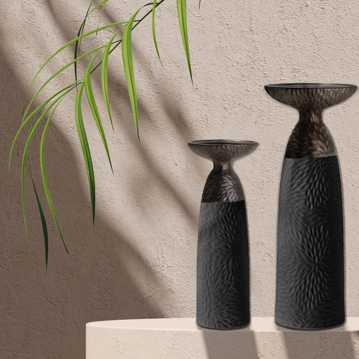 Minimalist Two Tone Textured Porcelain Table Top Pillar Candle Holders in Black and Bronze, 2 Piece Set
