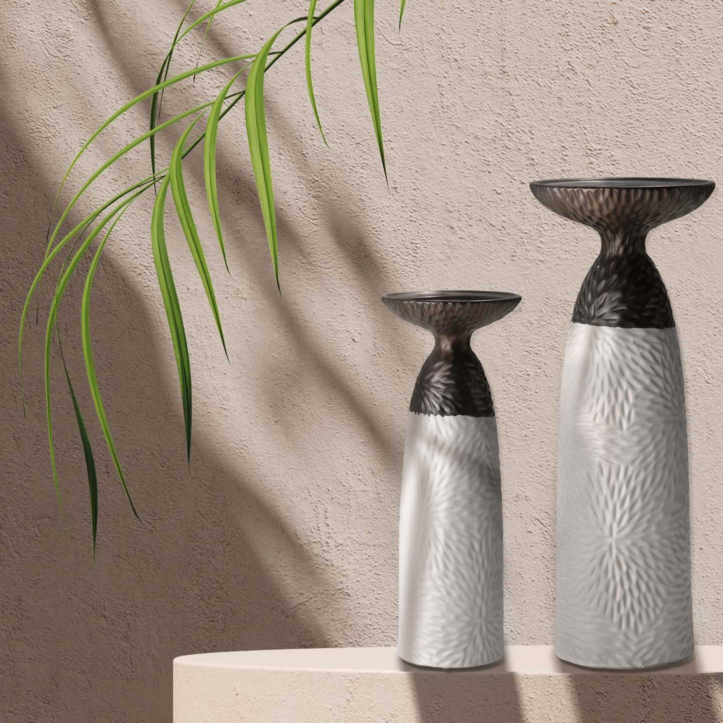 Minimalist Two Tone Textured Porcelain Table Top Pillar Candle Holders in White and Bronze, 2 Piece Set