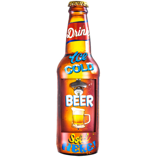Drink Ice Cold Beer Sold Here" Wall Mounted Metal Bottle Opener with Cap Catcher 24" x 7"