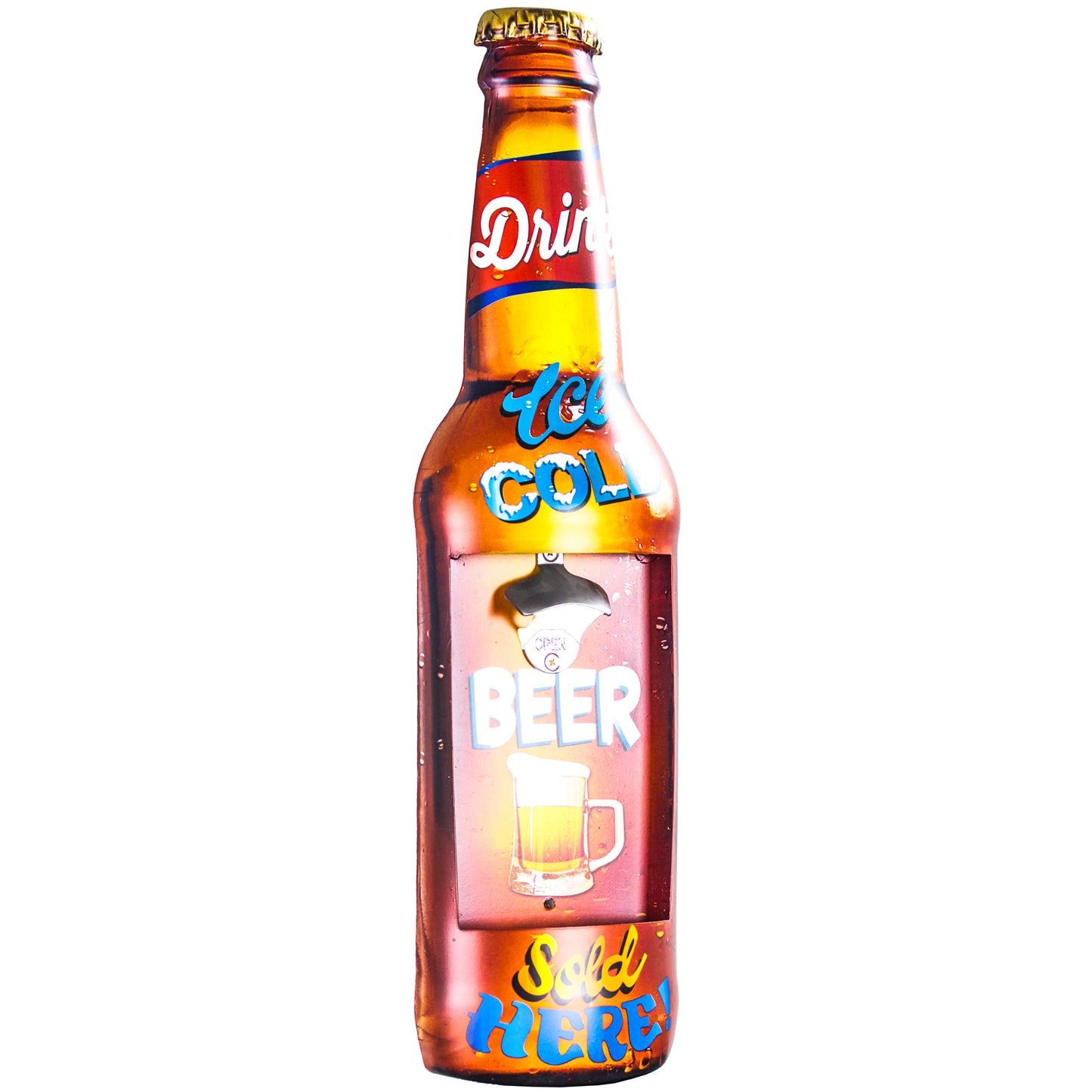 Drink Ice Cold Beer Sold Here" Wall Mounted Metal Bottle Opener with Cap Catcher 24" x 7"
