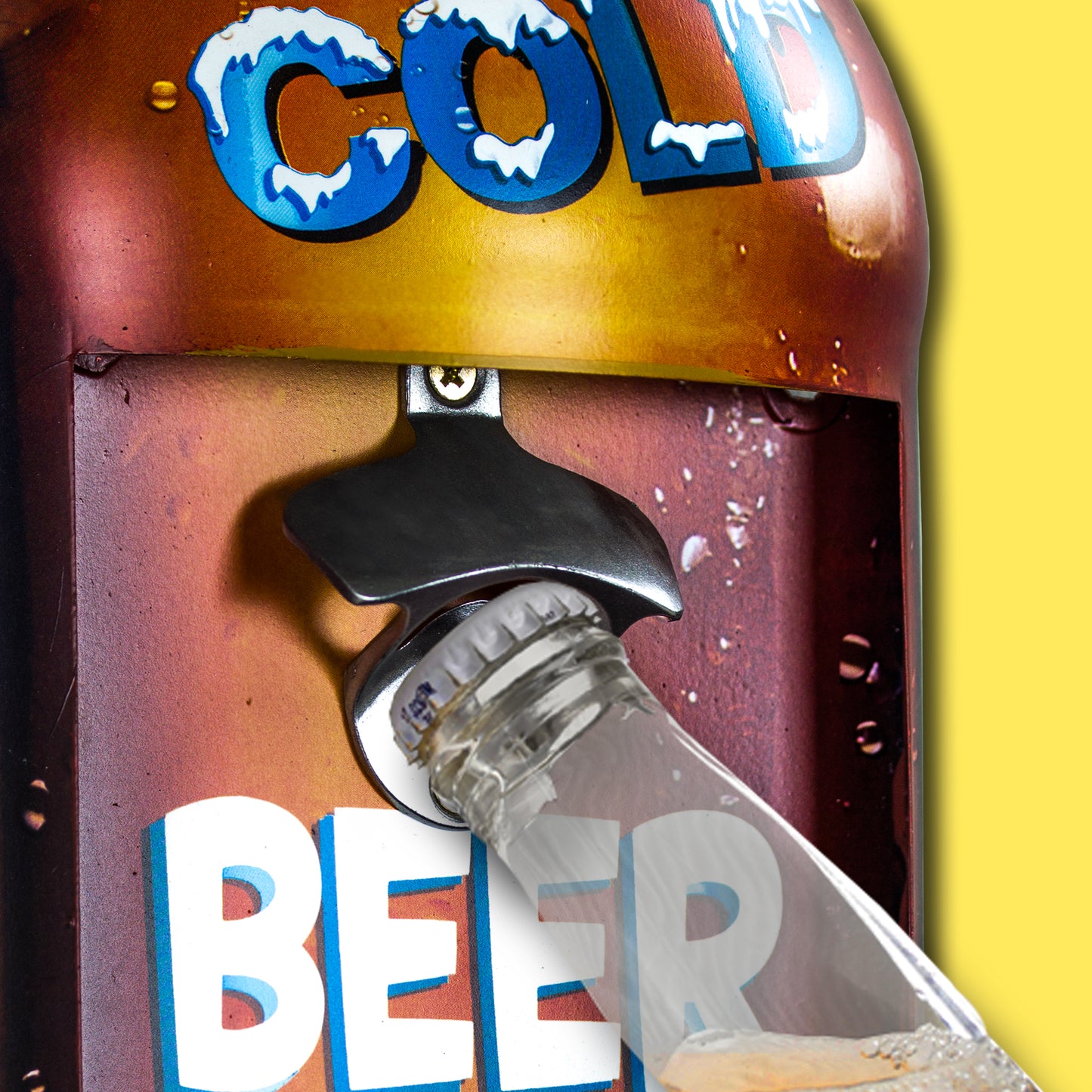 Drink Ice Cold Beer Sold Here" Wall Mounted Metal Bottle Opener with Cap Catcher 24" x 7"