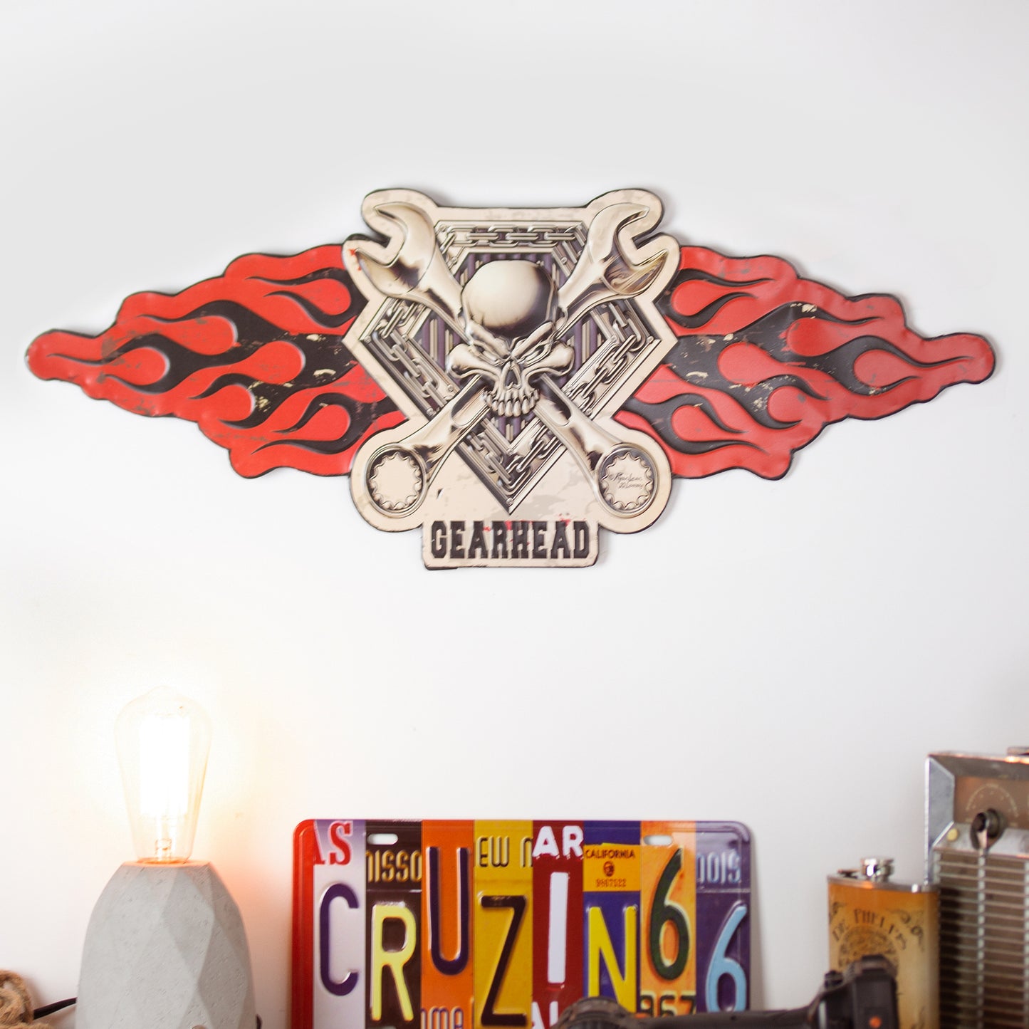 Gearhead Skull Embossed Metal Sign