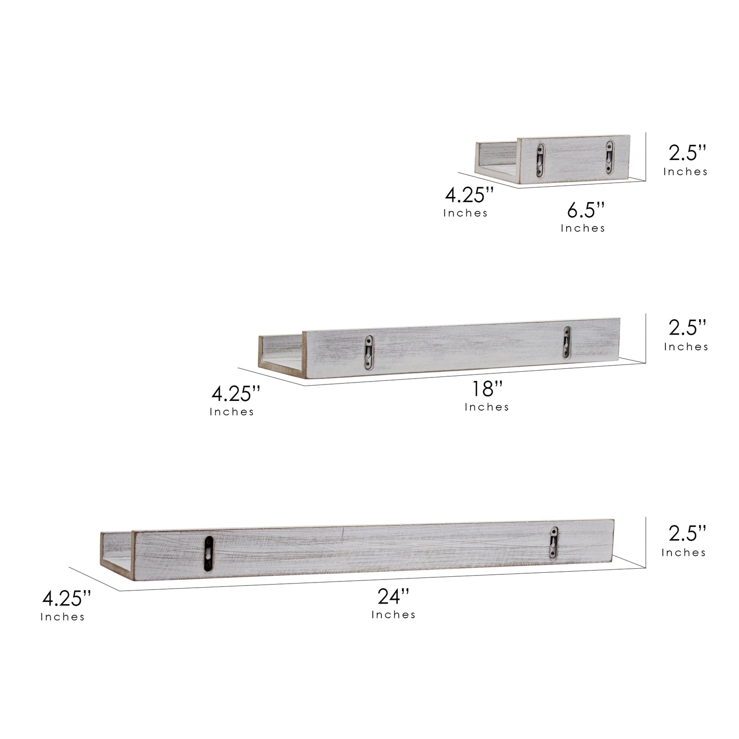 Whitewashed Wood Picture Ledge Floating U Wall Shelves - Set of 3