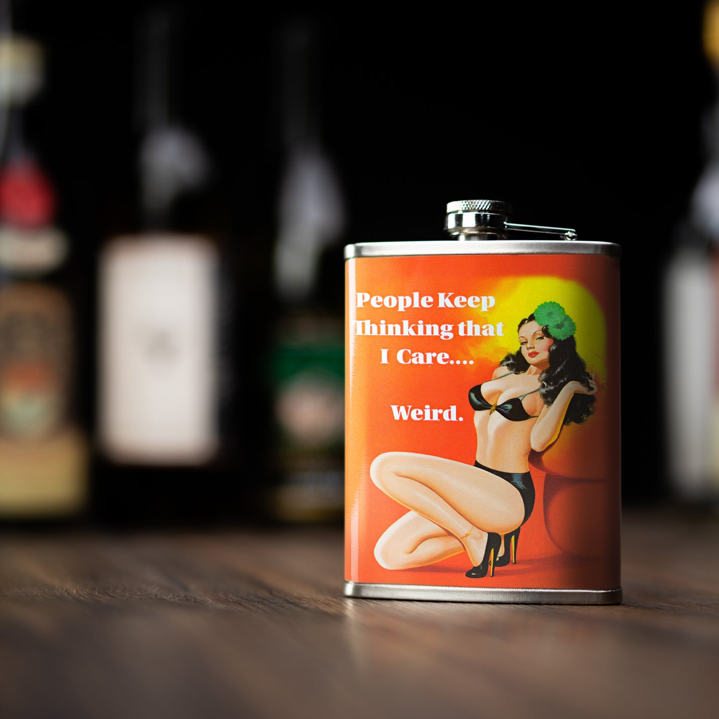 “People Keep Thinking that I Care…Weird” Stainless Steel 8 oz Liquor Flask