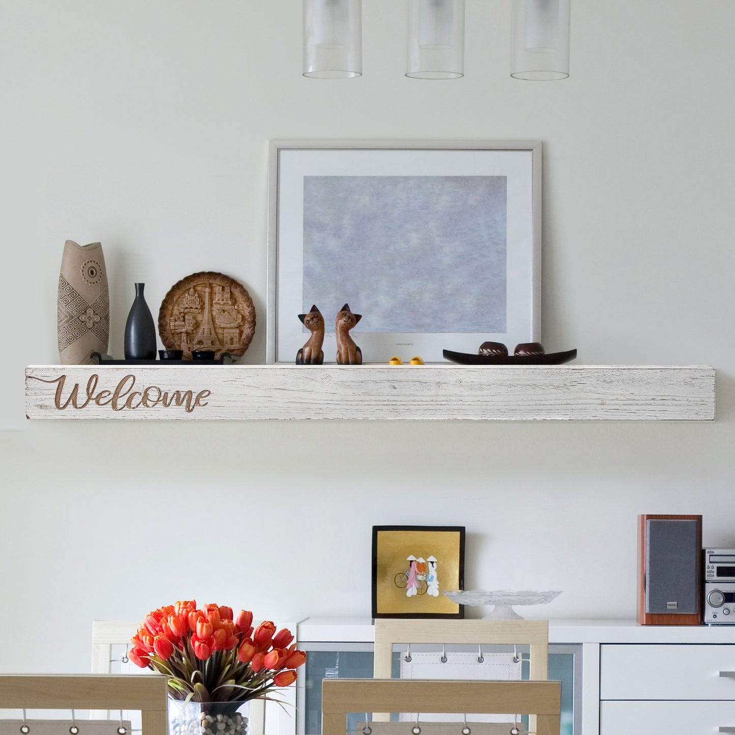 Floating Wall Shelf with “Welcome” Text Engraving