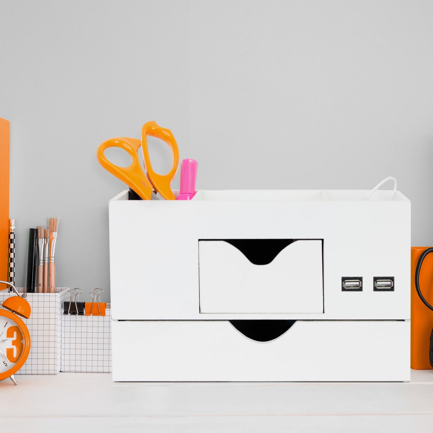 3 Tier Desk Organizer with USB Port - White