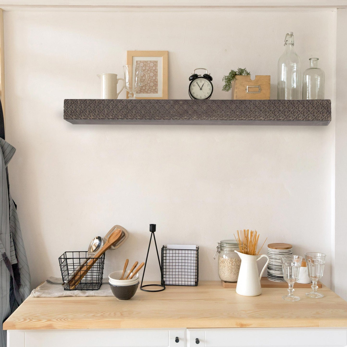 Large Rustic Embossed Wood Floating Wall Shelf - Black