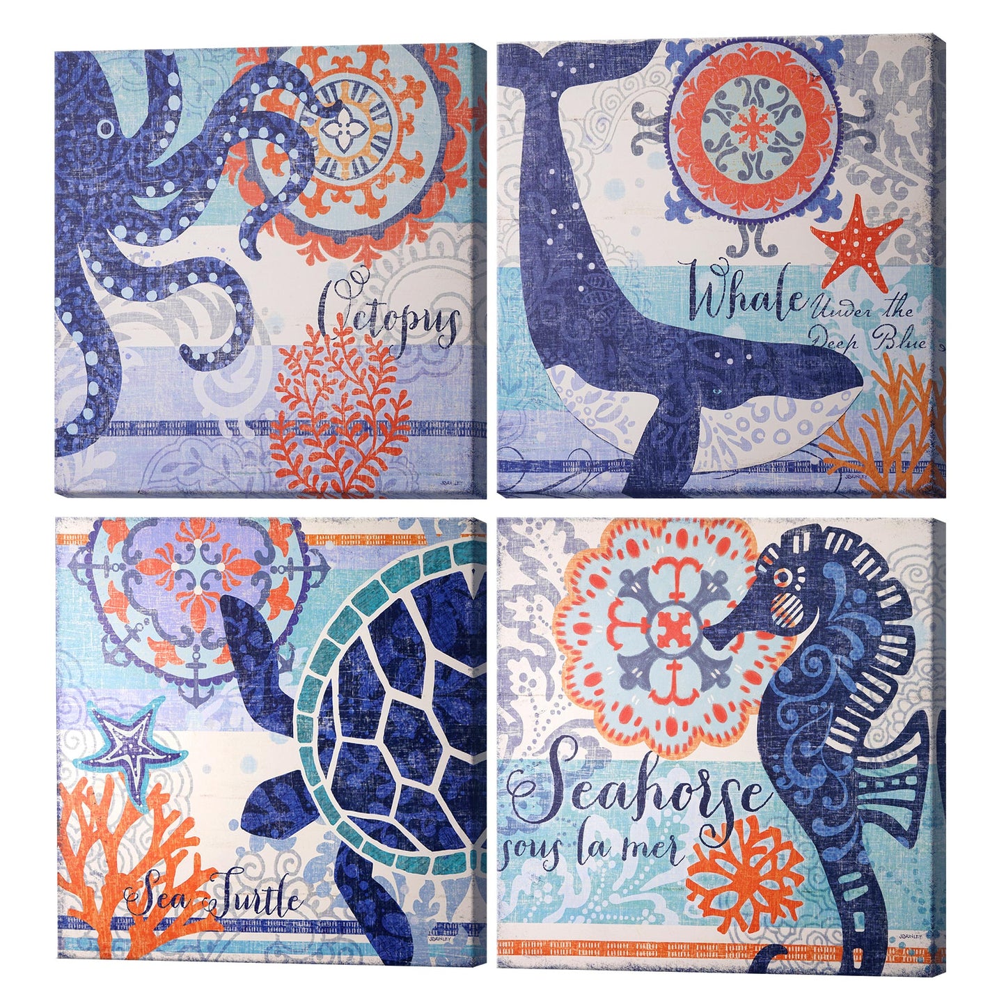 Coastal Ocean Whale Turtle Octopus Seahorse Nautical Beach Themed Canvas Art - 24" x 24"