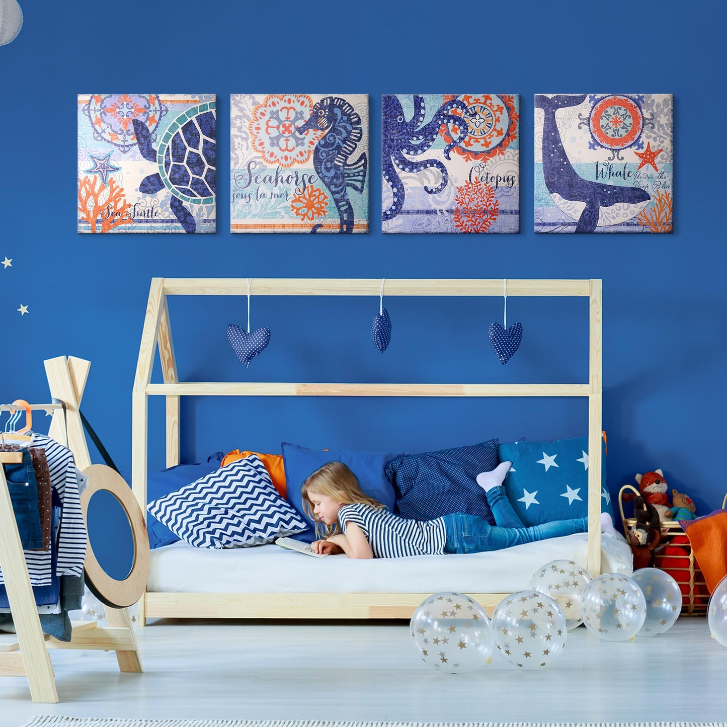 Coastal Ocean Whale Turtle Octopus Seahorse Nautical Beach Themed Canvas Art - 24" x 24"