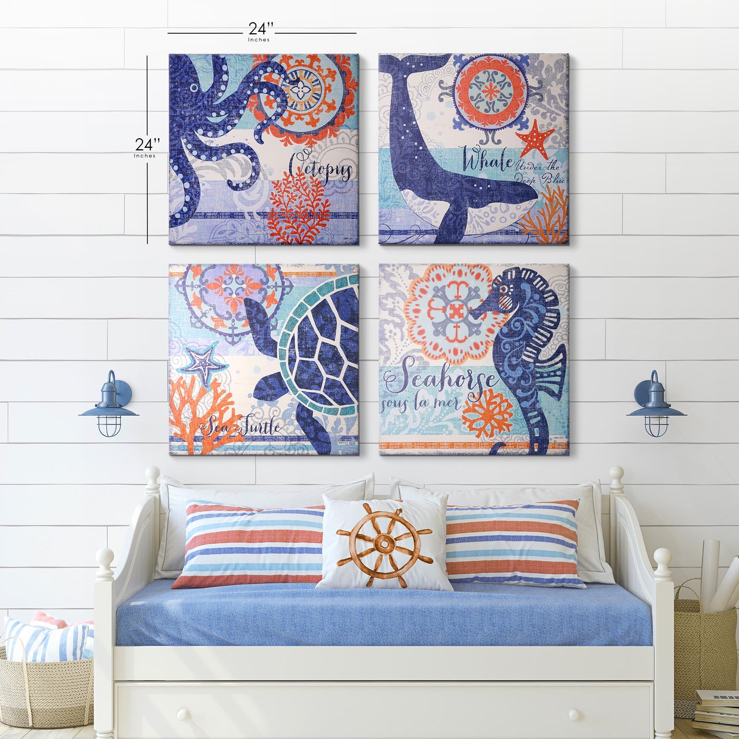 Coastal Ocean Whale Turtle Octopus Seahorse Nautical Beach Themed Canvas Art - 24" x 24"