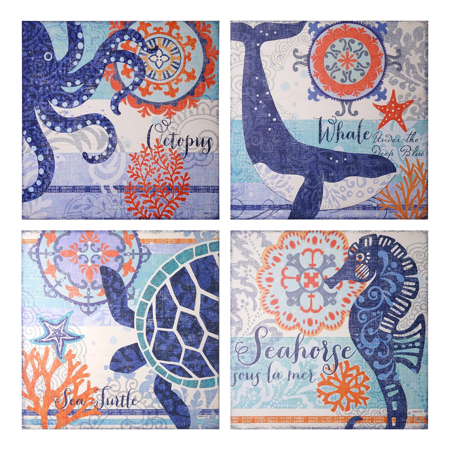 Coastal Ocean Whale Turtle Octopus Seahorse Nautical Beach Themed Canvas Art - 24" x 24"