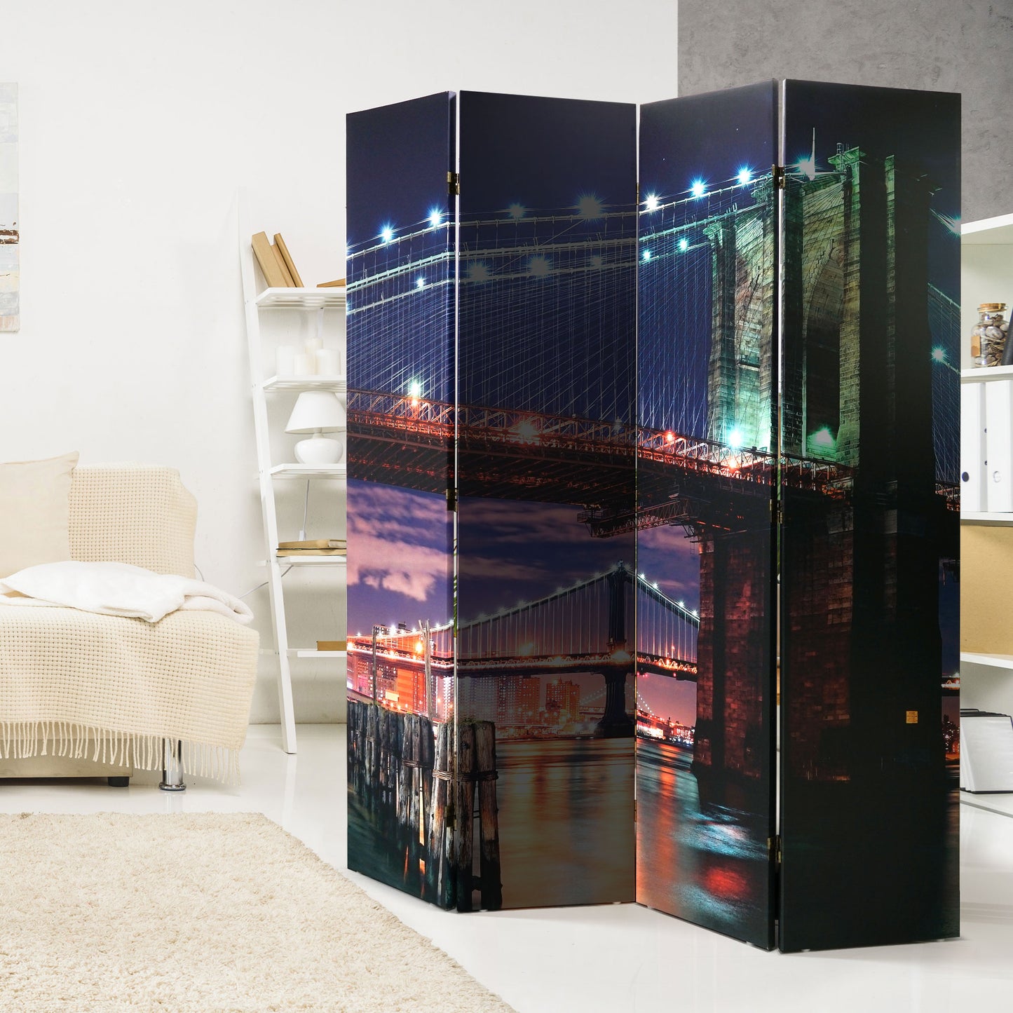 Double-Sided Brooklyn Bridge Canvas Room Divider, 4 Panels, 70" H x 63" L
