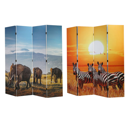 Double-Sided African Elephants & Zebras Animals Canvas Room Divider, 4 Panels, 70" H x 63" L