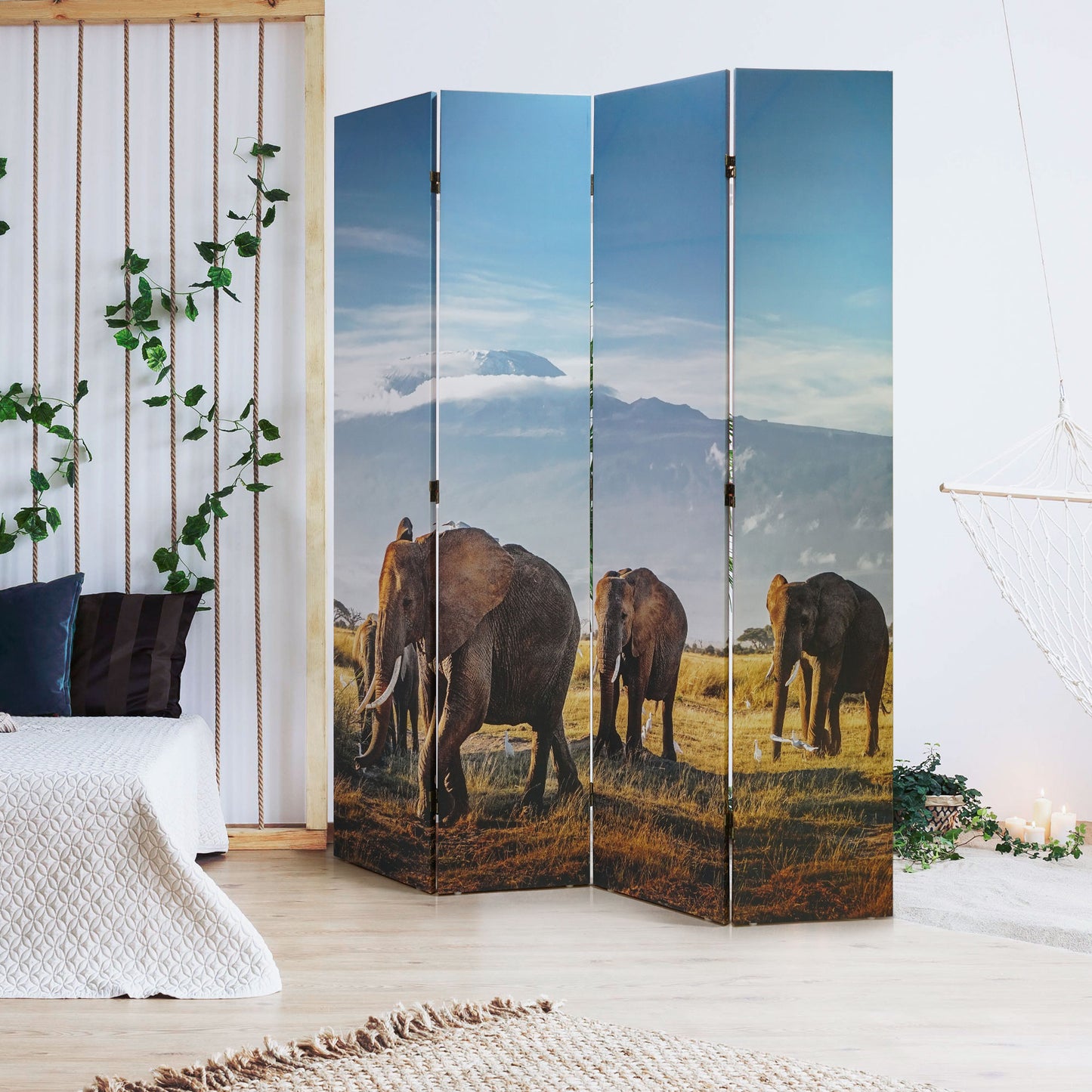 Double-Sided African Elephants & Zebras Animals Canvas Room Divider, 4 Panels, 70" H x 63" L