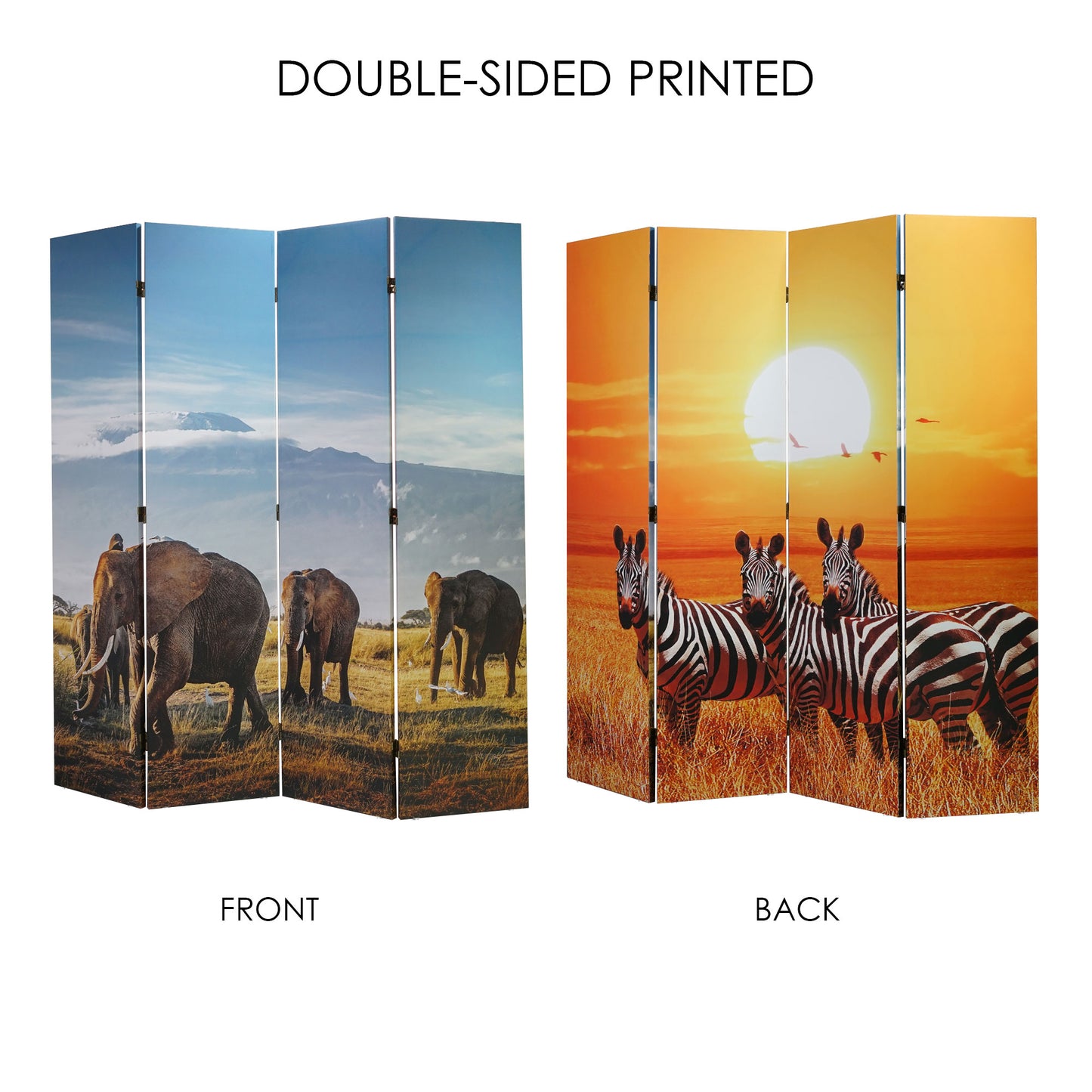Double-Sided African Elephants & Zebras Animals Canvas Room Divider, 4 Panels, 70" H x 63" L