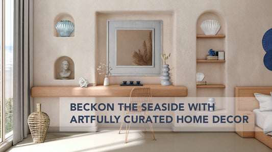 Living room with objects from the To the Shore Collection at American Art Decor and blog title overlay Beckon the Seaside with Artfully Curated Home Decor.