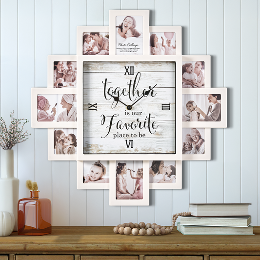 White Farmhouse Shabby-Chic "Together" Picture Frame Wall Collage Clock