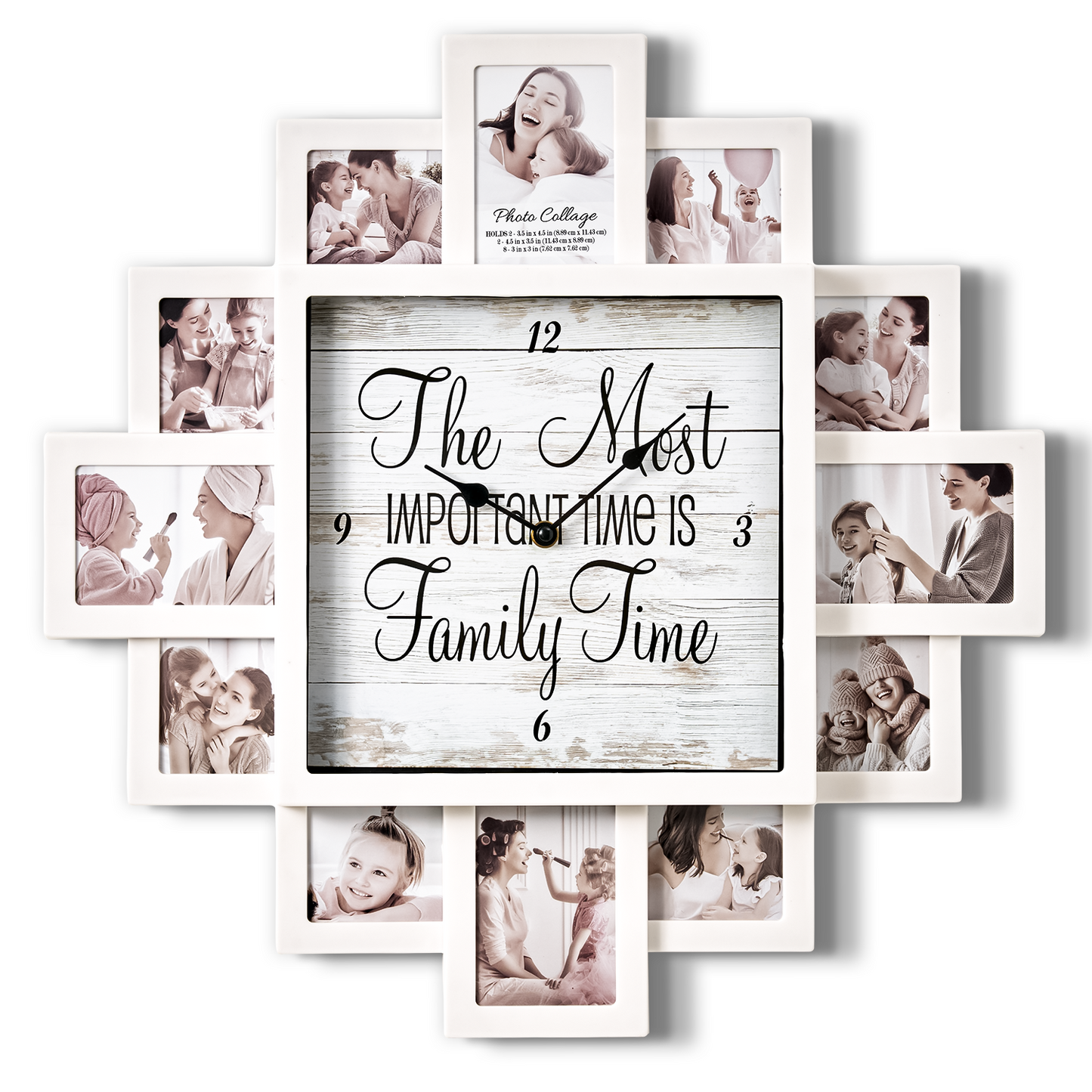White Farmhouse Shabby-Chic "Family Time" Picture Frame Wall Collage Clock