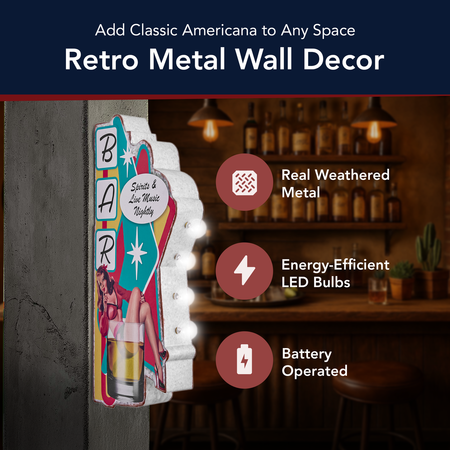Metal LED Bar Spirits and Live Music Nightly Marquee Sign