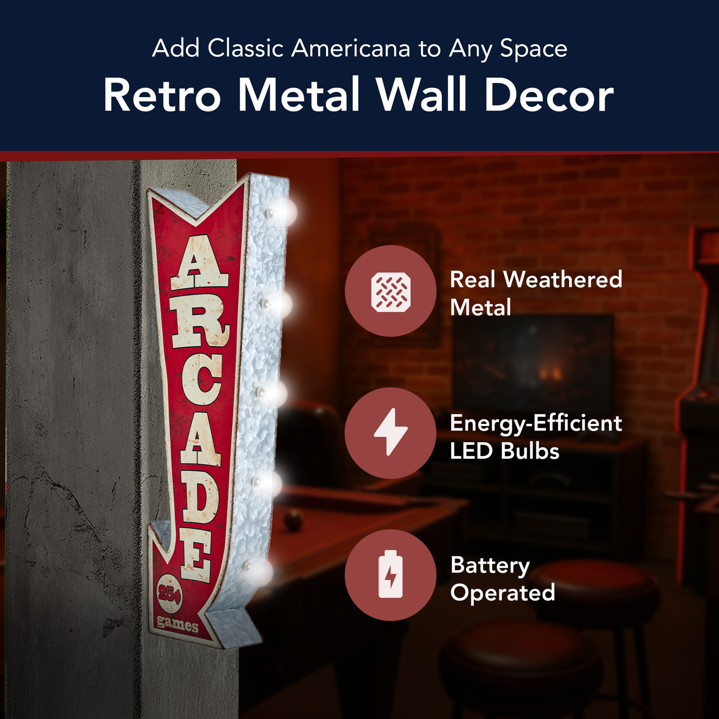 Vintage Arcade Games LED Marquee Arrow Sign (25” x 9”)