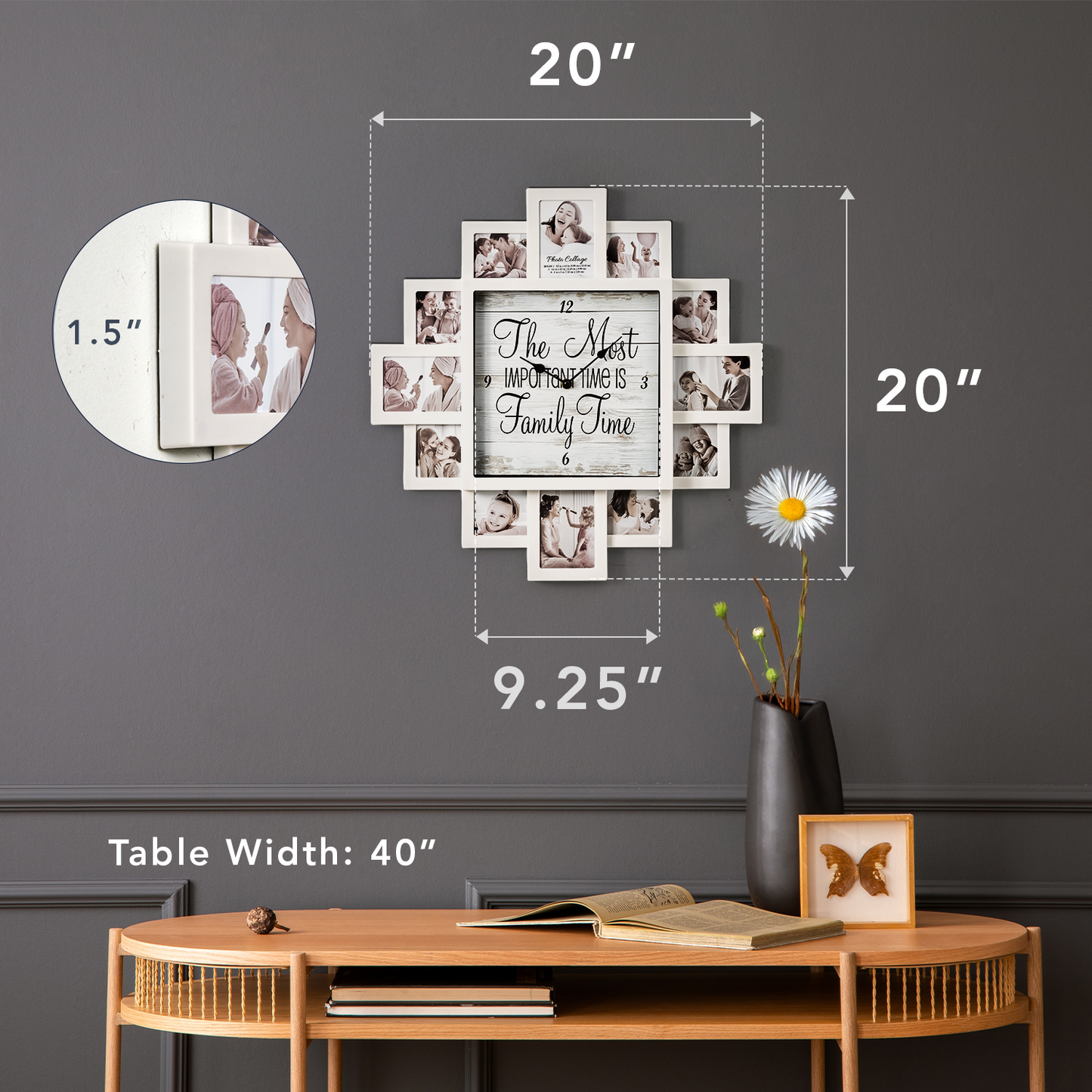 White Farmhouse Shabby-Chic "Family Time" Picture Frame Wall Collage Clock