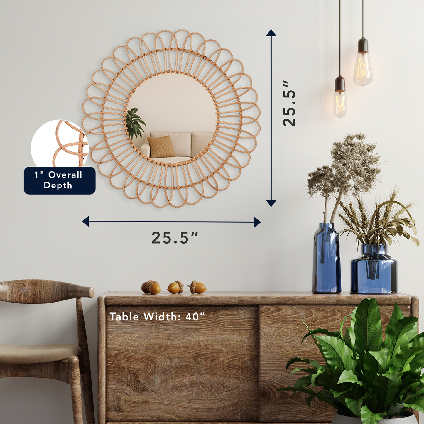 Boho Woven Rattan Sunburst Accent Wall Mirror, Natural - 25"