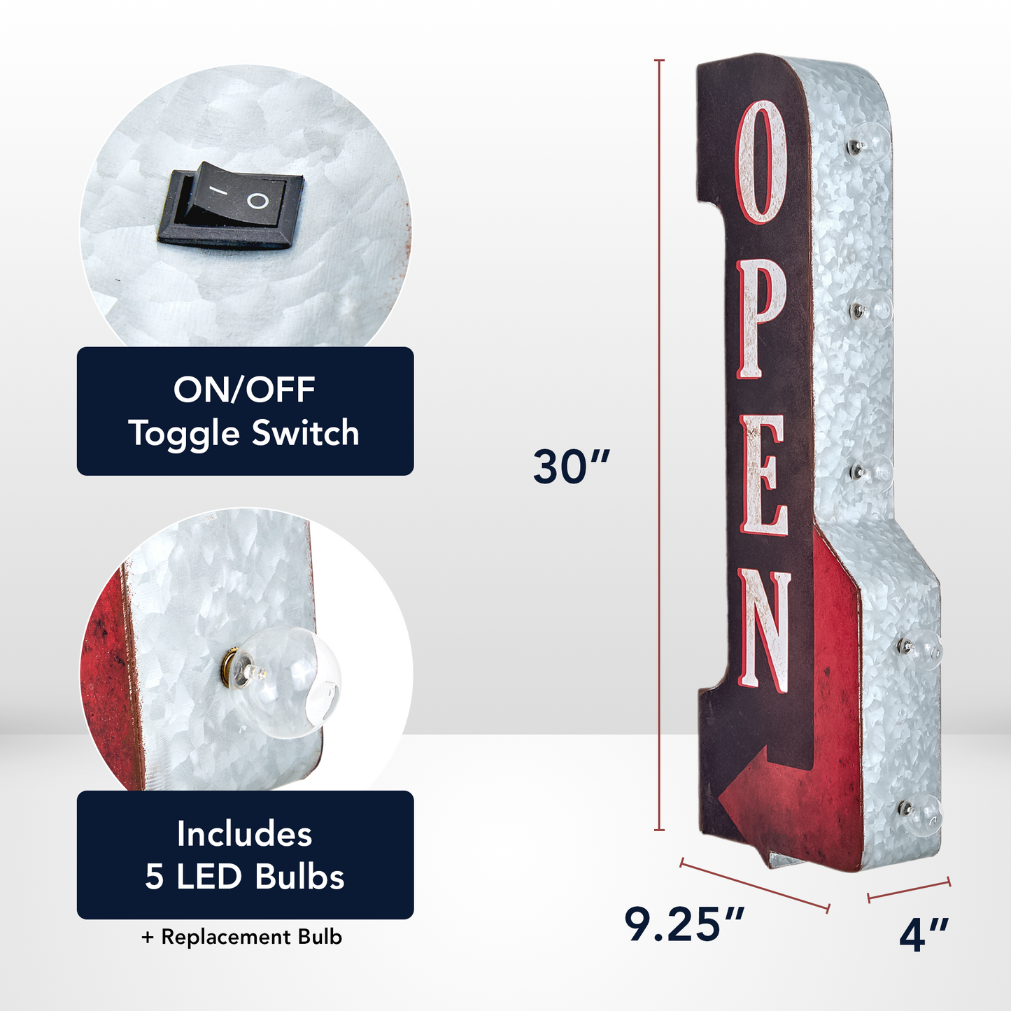 Vintage Open LED Marquee Arrow Sign (30” x  9”)