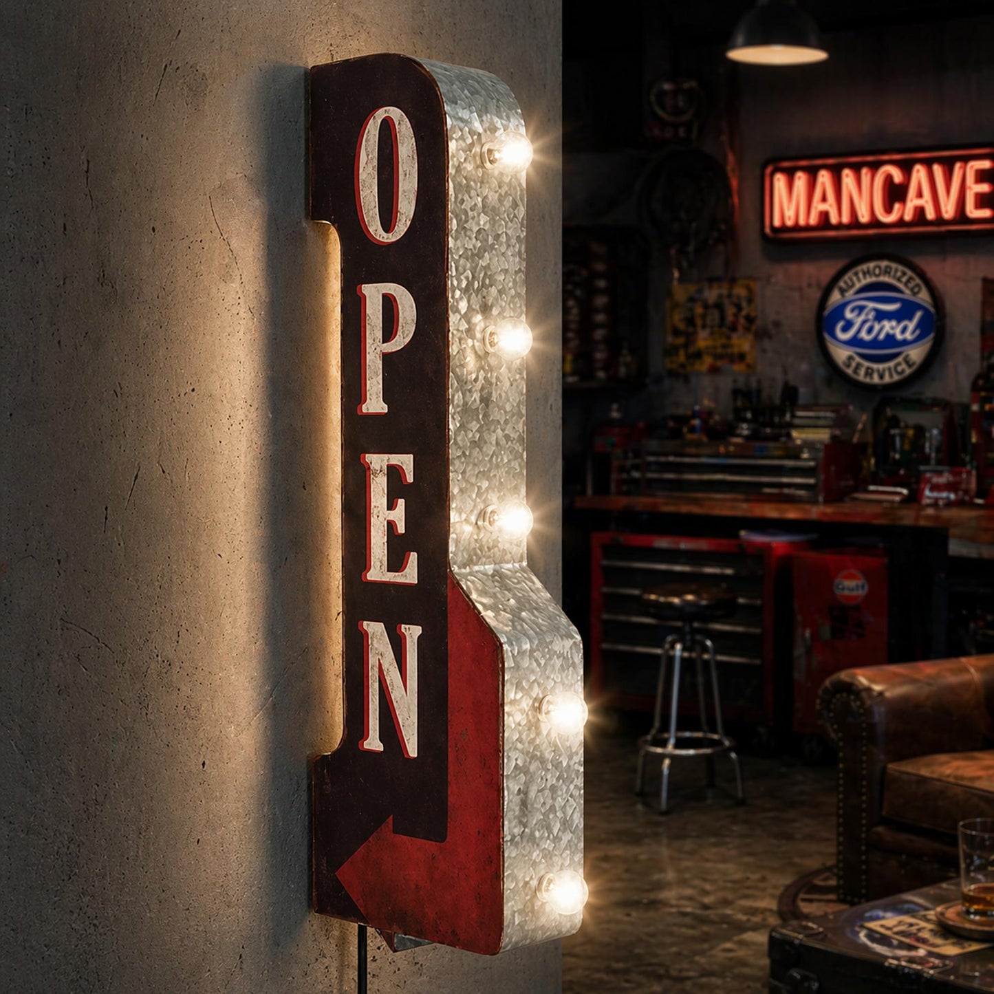 Vintage Open LED Marquee Arrow Sign (30” x  9”)