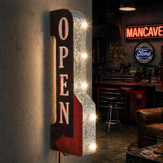 Vintage Open LED Marquee Arrow Sign (30” x  9”)