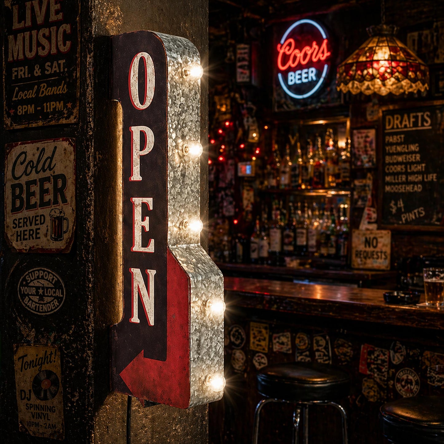 Vintage Open LED Marquee Arrow Sign (30” x  9”)
