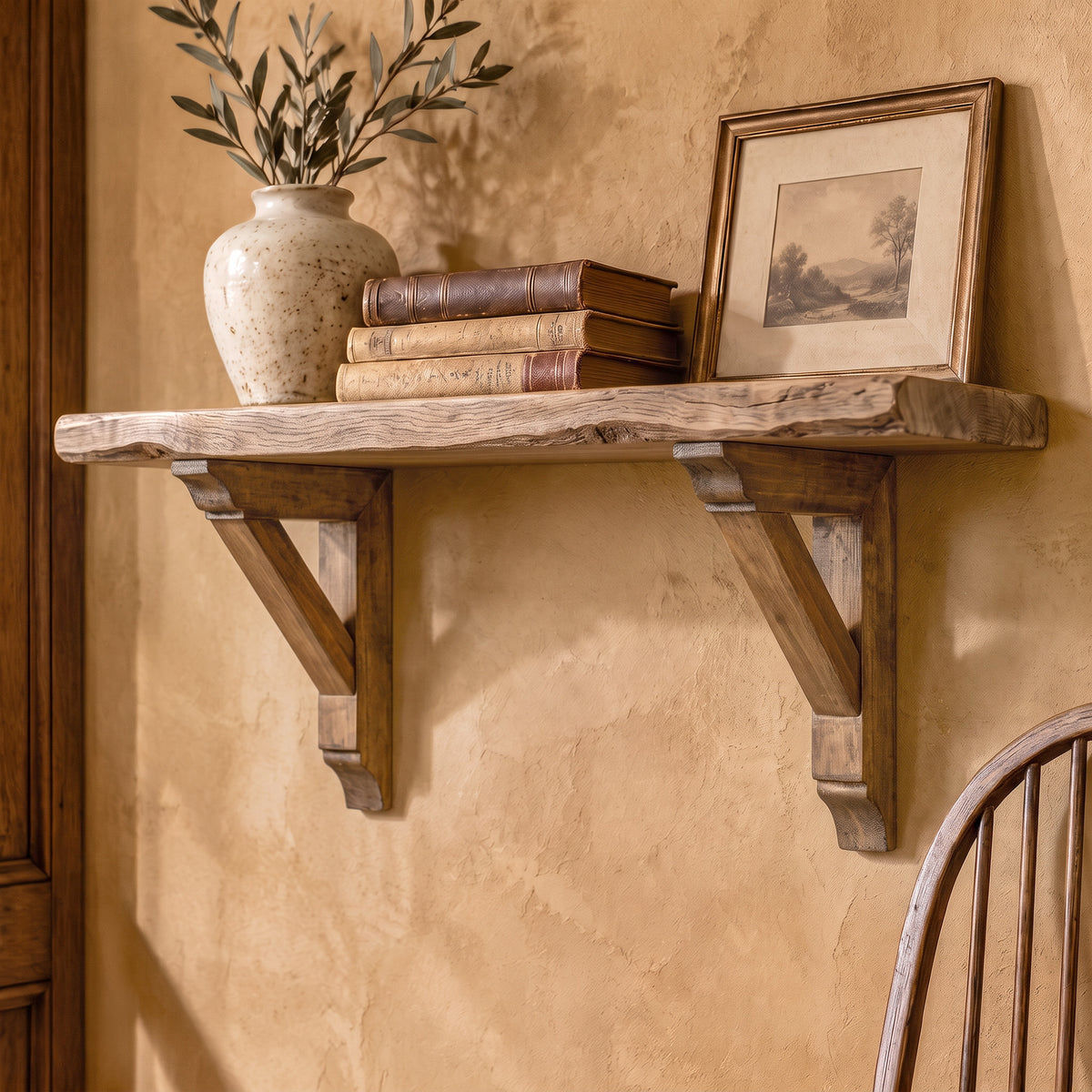 Set of two 6.75-inch natural wood corbels with distressed burnt highlights and keyhole slots, styled as compact rustic farmhouse shelf brackets and architectural wall accents.