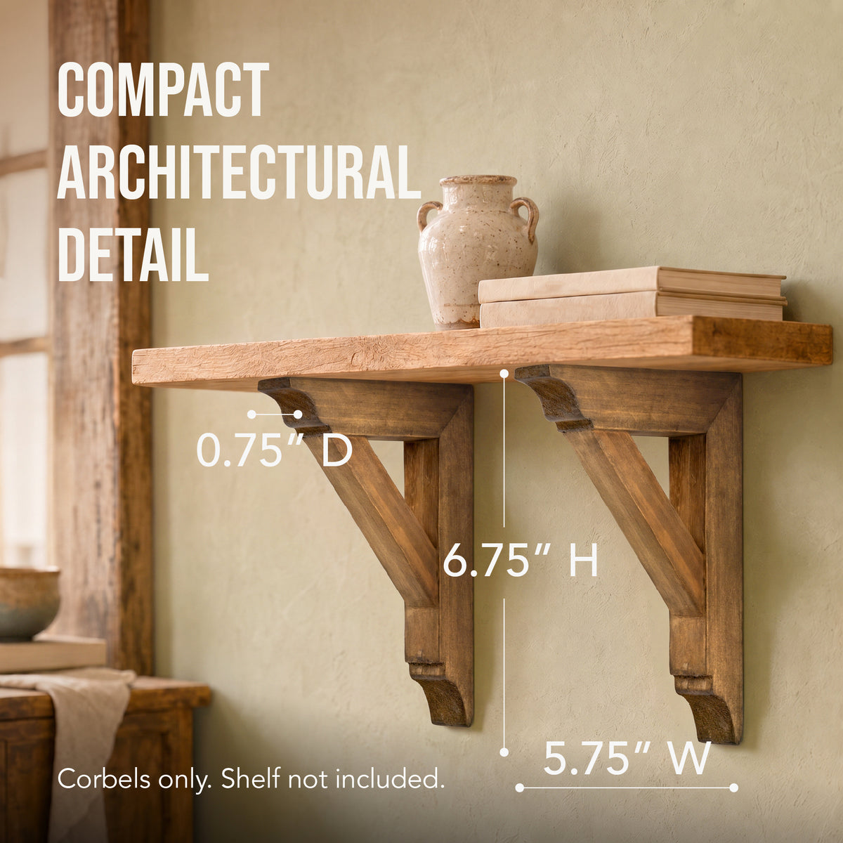 Set of two 6.75-inch natural wood corbels with distressed burnt highlights and keyhole slots, styled as compact rustic farmhouse shelf brackets and architectural wall accents.